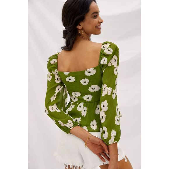 ASTR the Label Toscana Babydoll Blouse Green Floral Bubble Sleeve Size Small - Picture 3 of 10